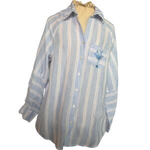 Heroes & Dreamers Button Down Blouse Blue White Martini Embroidery Women Medium